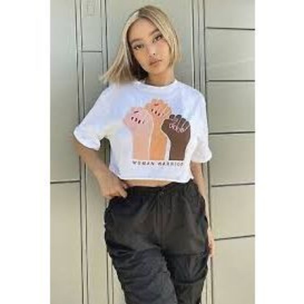 Fashion Nova Woman Warrior Crop Top White Graphic Tee Size M NWT NEW Feminist Em